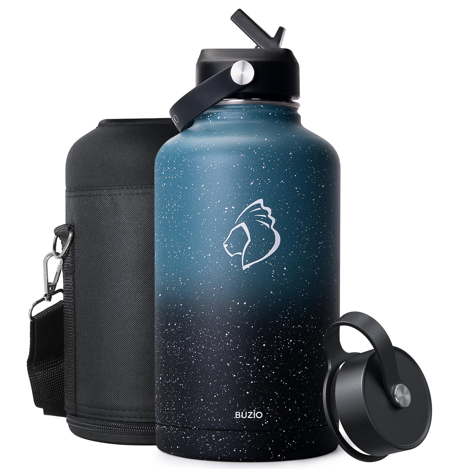 BUZIO 64oz Insulated Water Bottle with Straw Lid  Half Gallon Double Wall Food-Grade Stainless Steel Water Bottle with Carrying Pouch  Wide Mouth BPA-Free Sweat-Proof Sports Water Flask  Keep Hot Cold